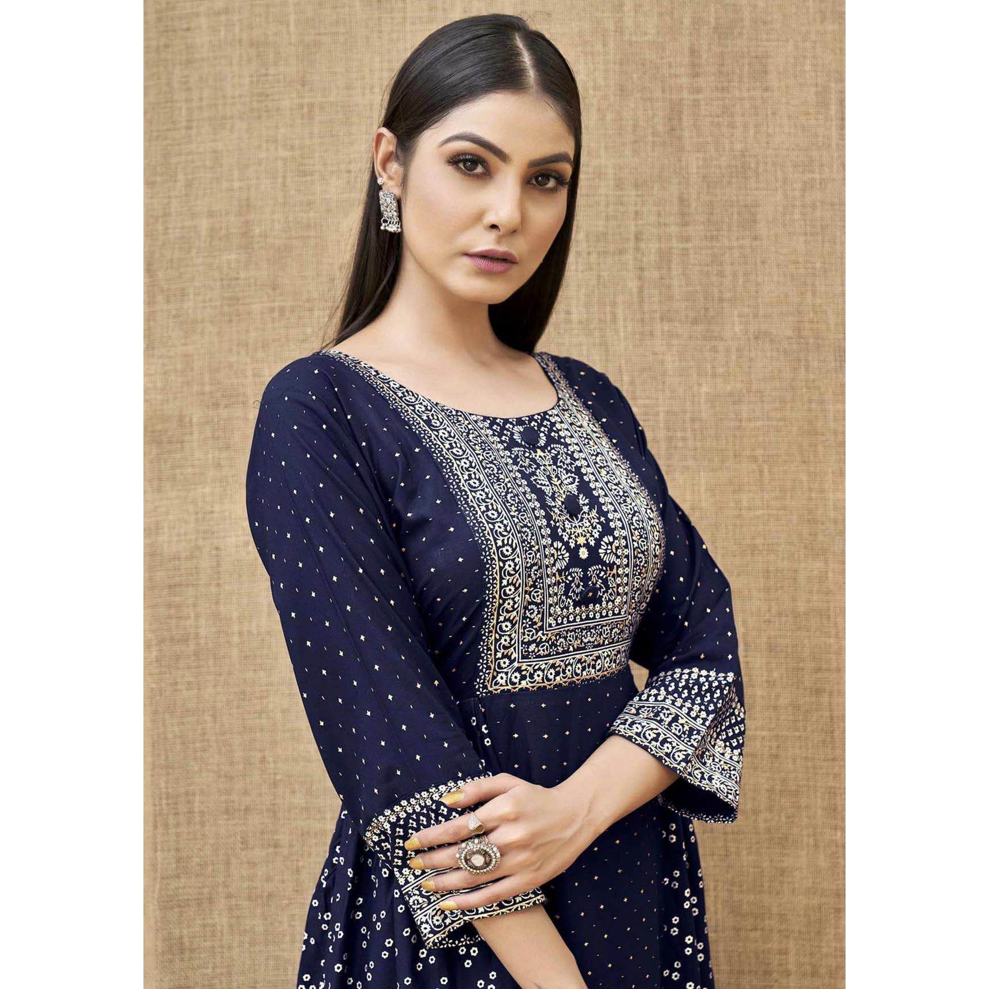 Navy Blue Foil Printed Rayon Kurti - Peachmode