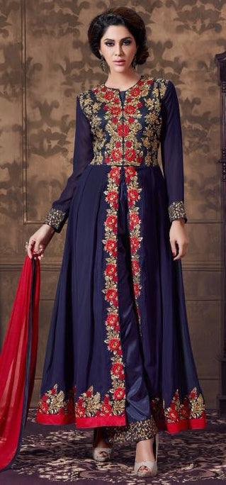 Navy Blue Front Slit Georgette Anarkali - Peachmode