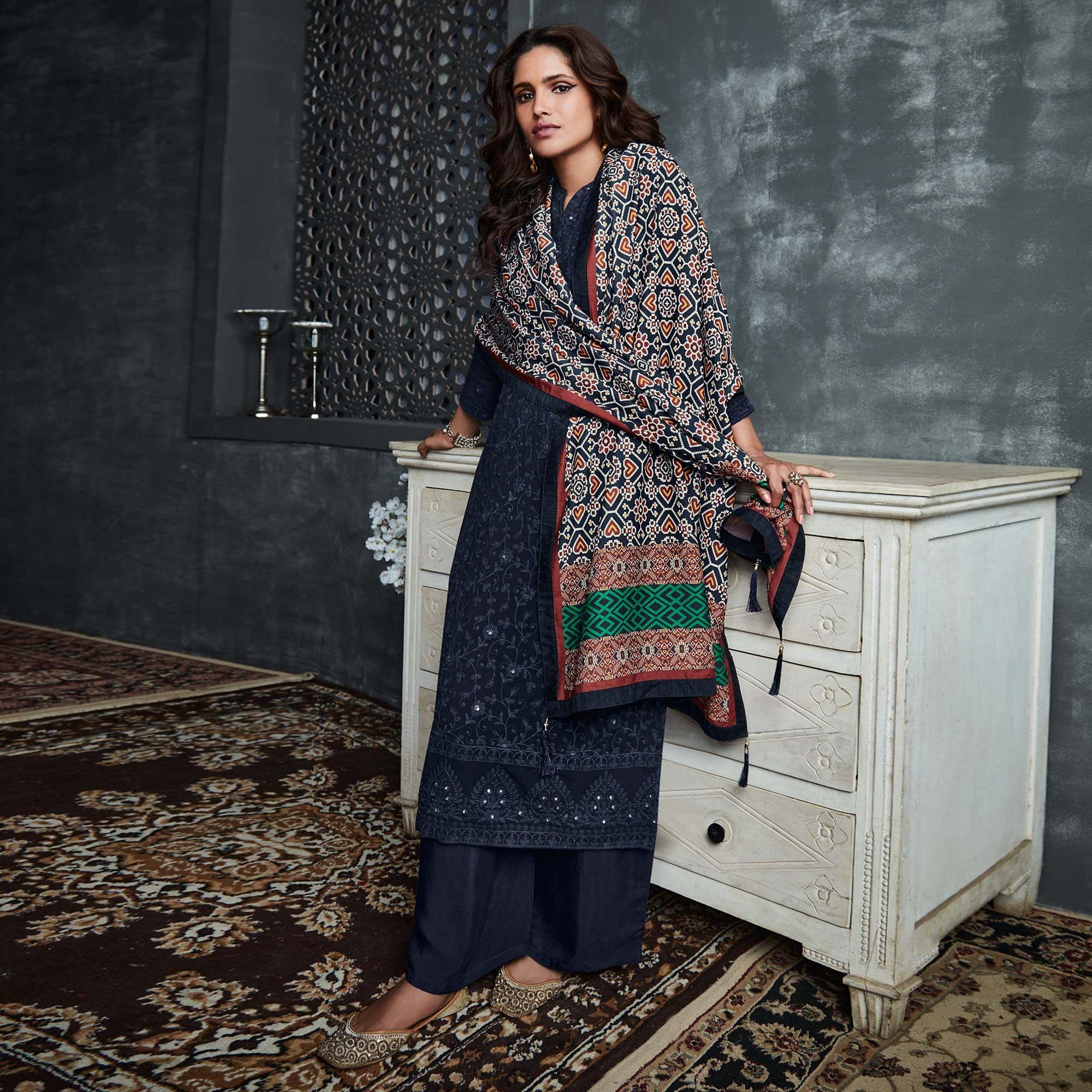 Navy Blue Lakhnavi Embroidery Georgette Partywear Palazzo Suit - Peachmode