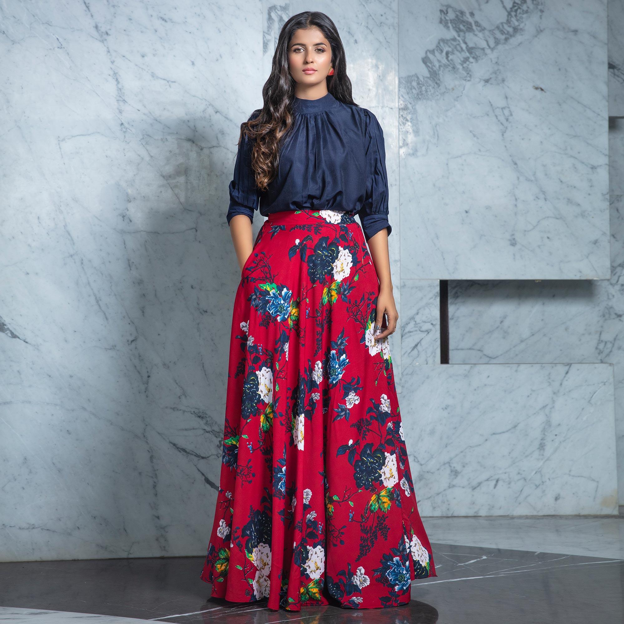 Navy Blue - Maroon Printed Rayon Top-Skirt Set - Peachmode