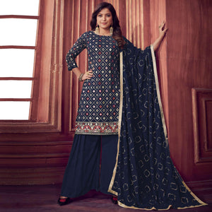 Navy Blue Mirror & Sequence Embroidered Georgette Sharara Suit - Peachmode