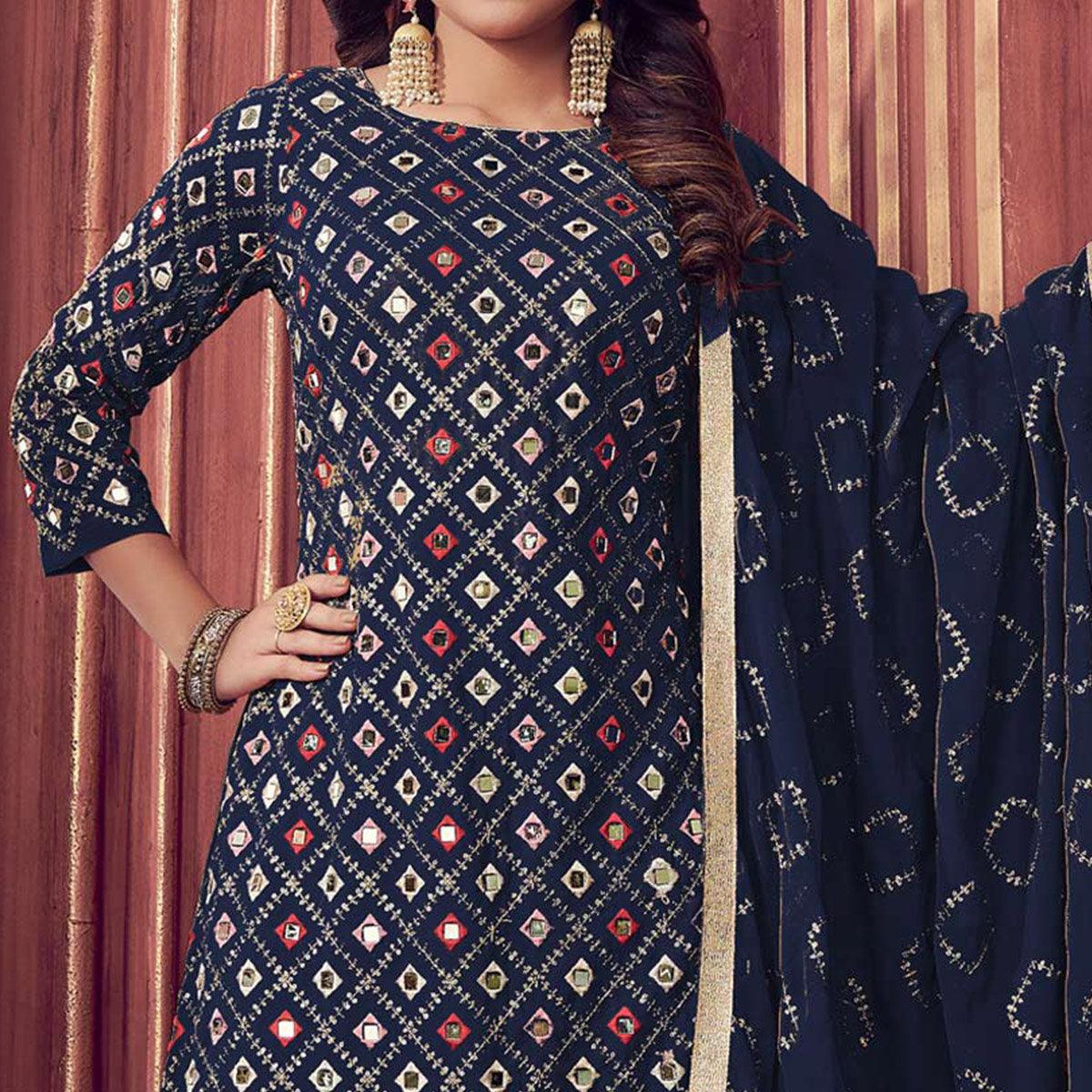 Navy Blue Mirror & Sequence Embroidered Georgette Sharara Suit - Peachmode