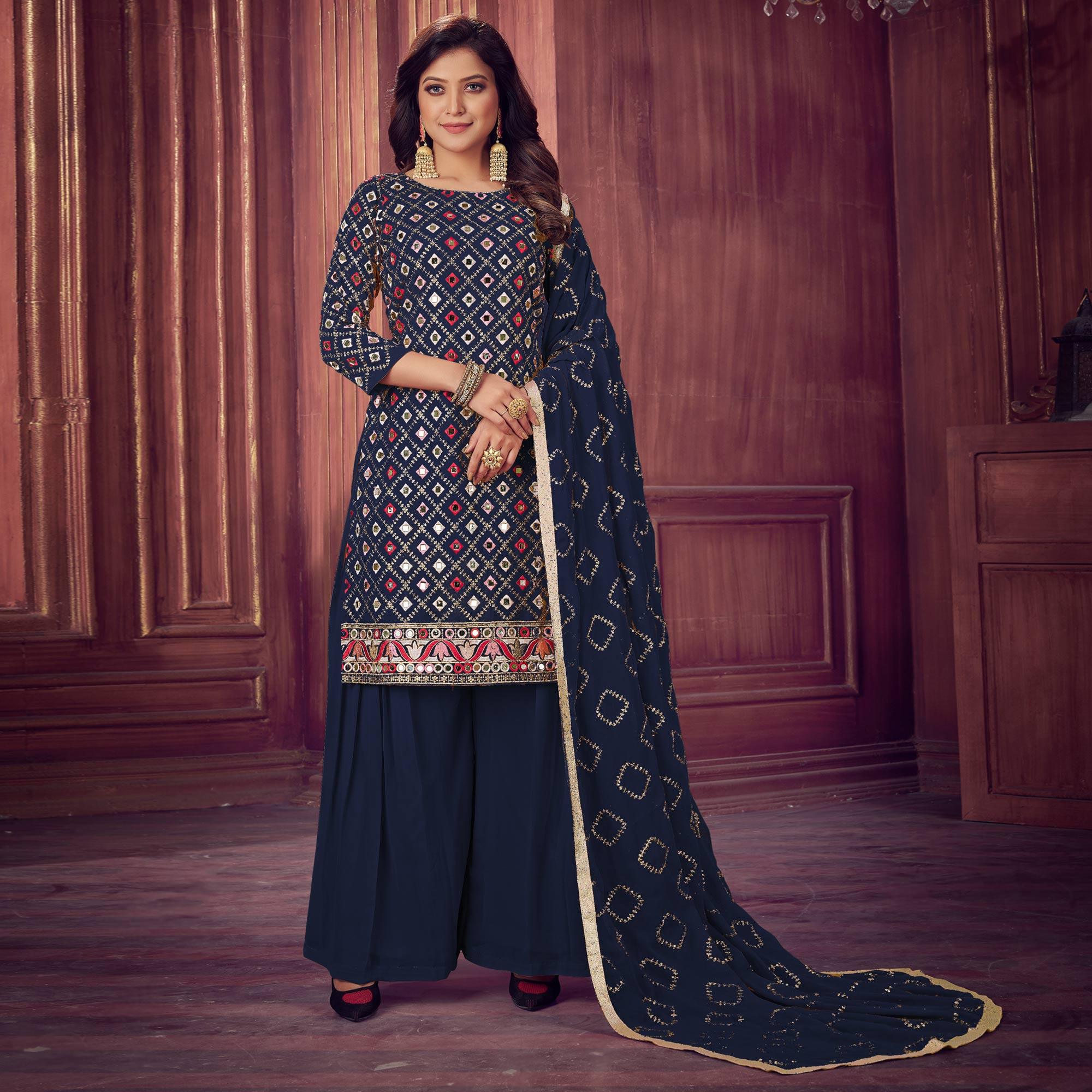 Navy Blue Mirror & Sequence Embroidered Georgette Sharara Suit - Peachmode