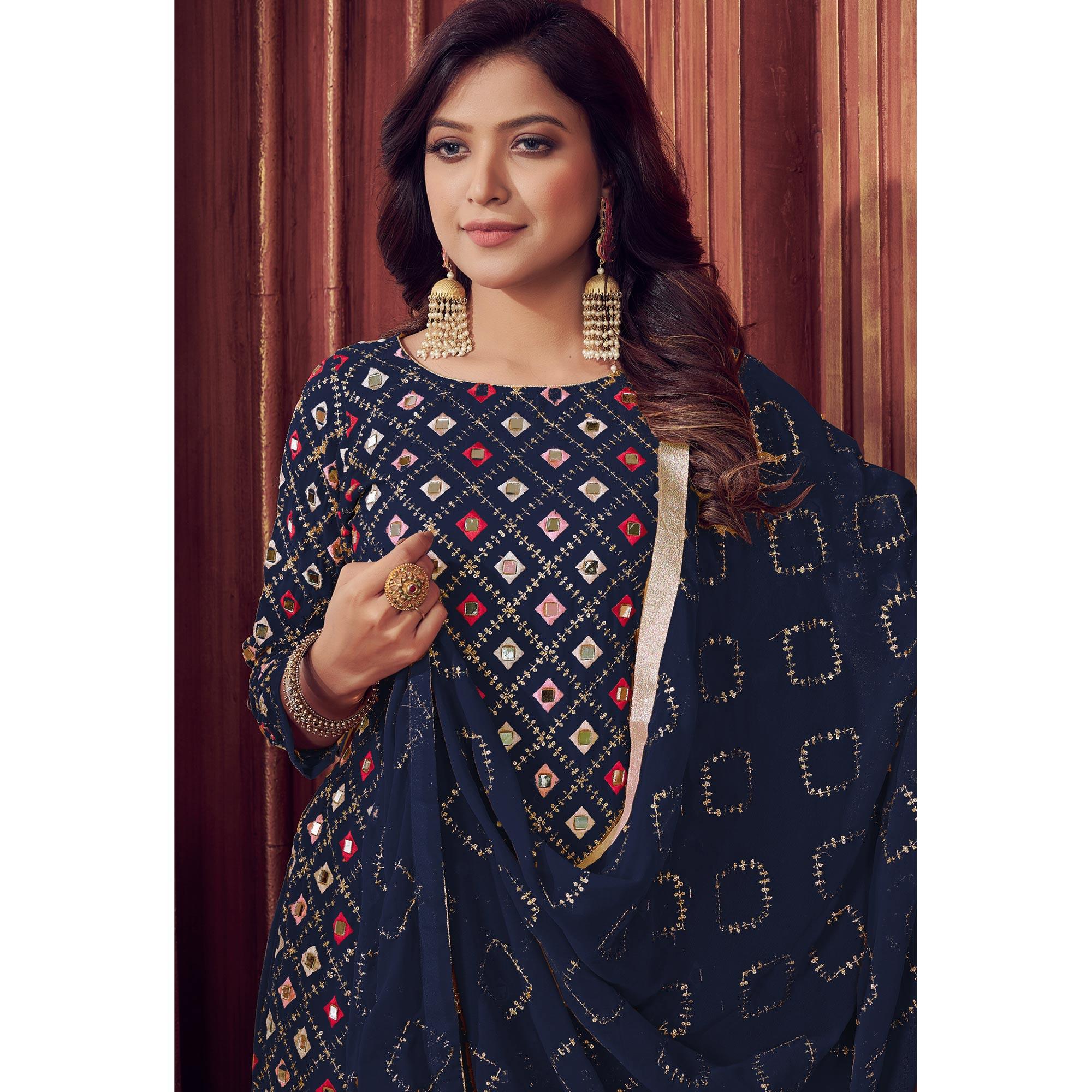 Navy Blue Mirror & Sequence Embroidered Georgette Sharara Suit - Peachmode