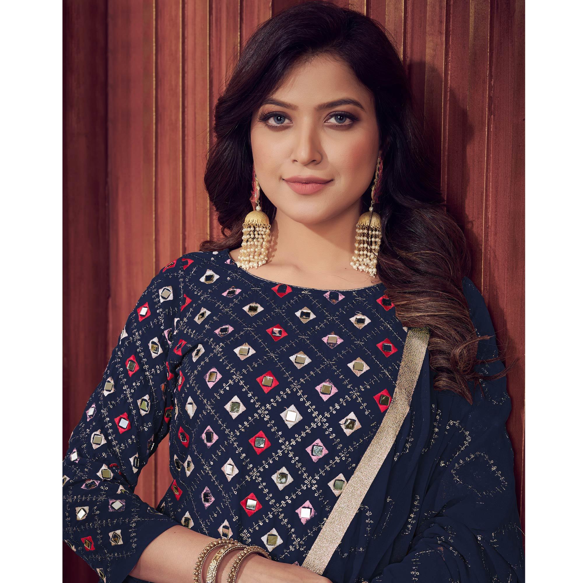 Navy Blue Mirror & Sequence Embroidered Georgette Sharara Suit - Peachmode