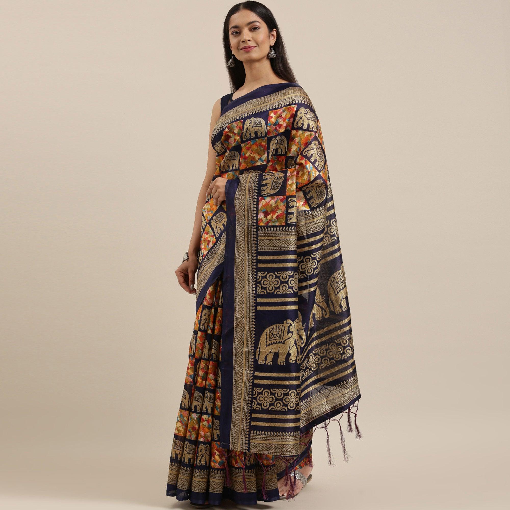 Navy Blue - Multi Color Festive Wear Woven Art Silk Saree With Tassels - Peachmode