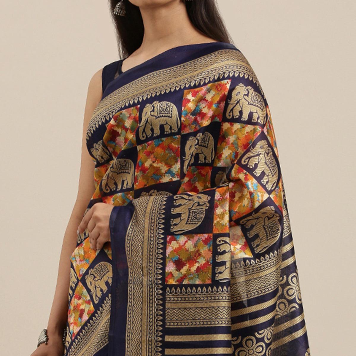 Navy Blue - Multi Color Festive Wear Woven Art Silk Saree With Tassels - Peachmode