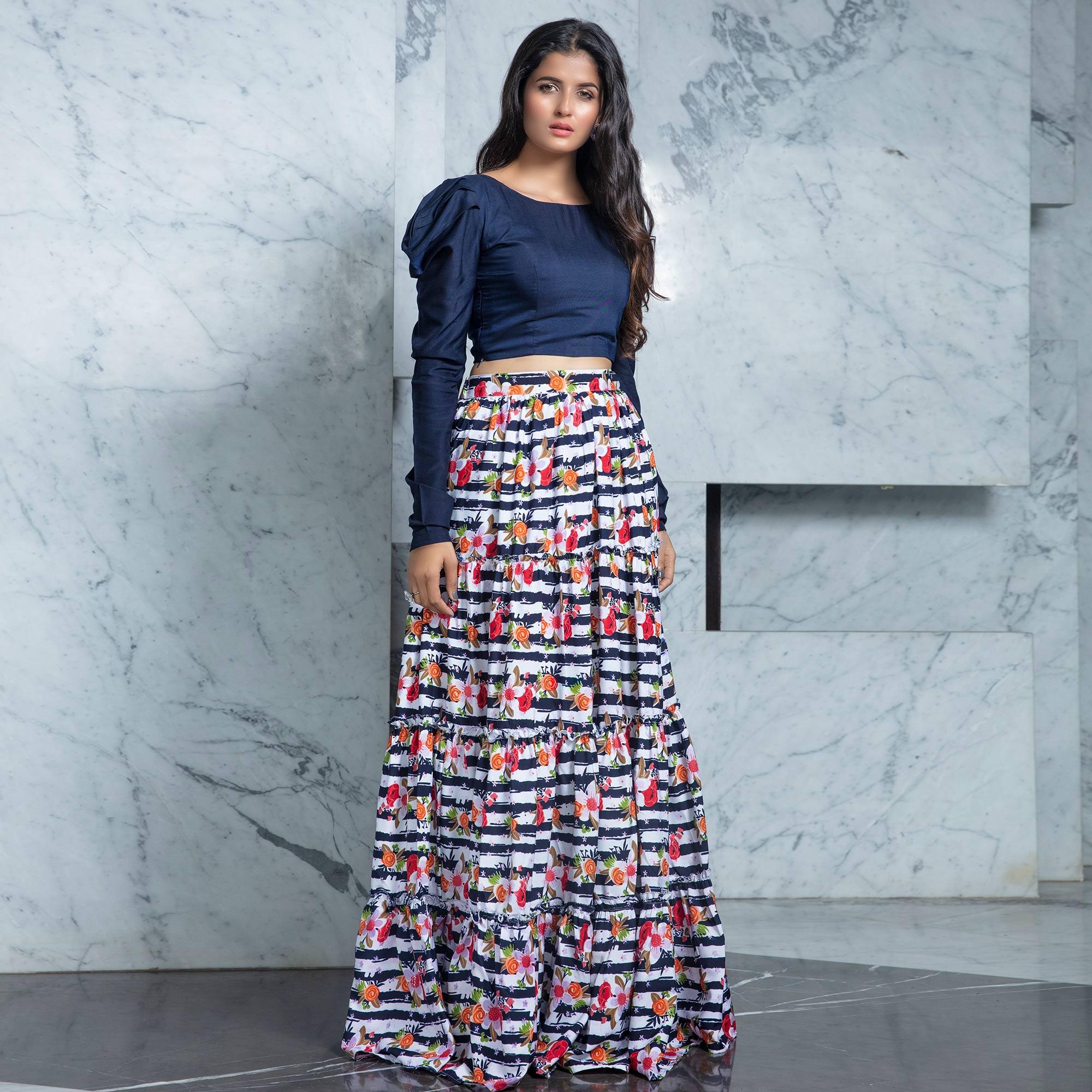 Navy Blue - Multi Floral Printed Rayon Top-Skirt Set - Peachmode