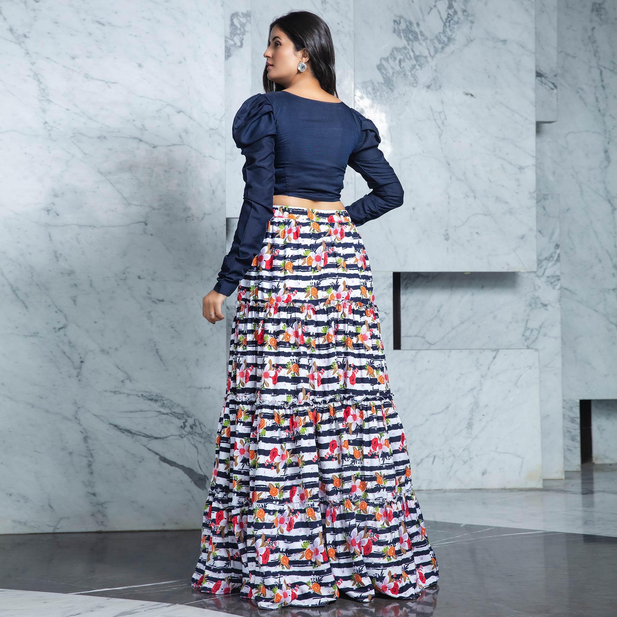Navy Blue - Multi Floral Printed Rayon Top-Skirt Set - Peachmode