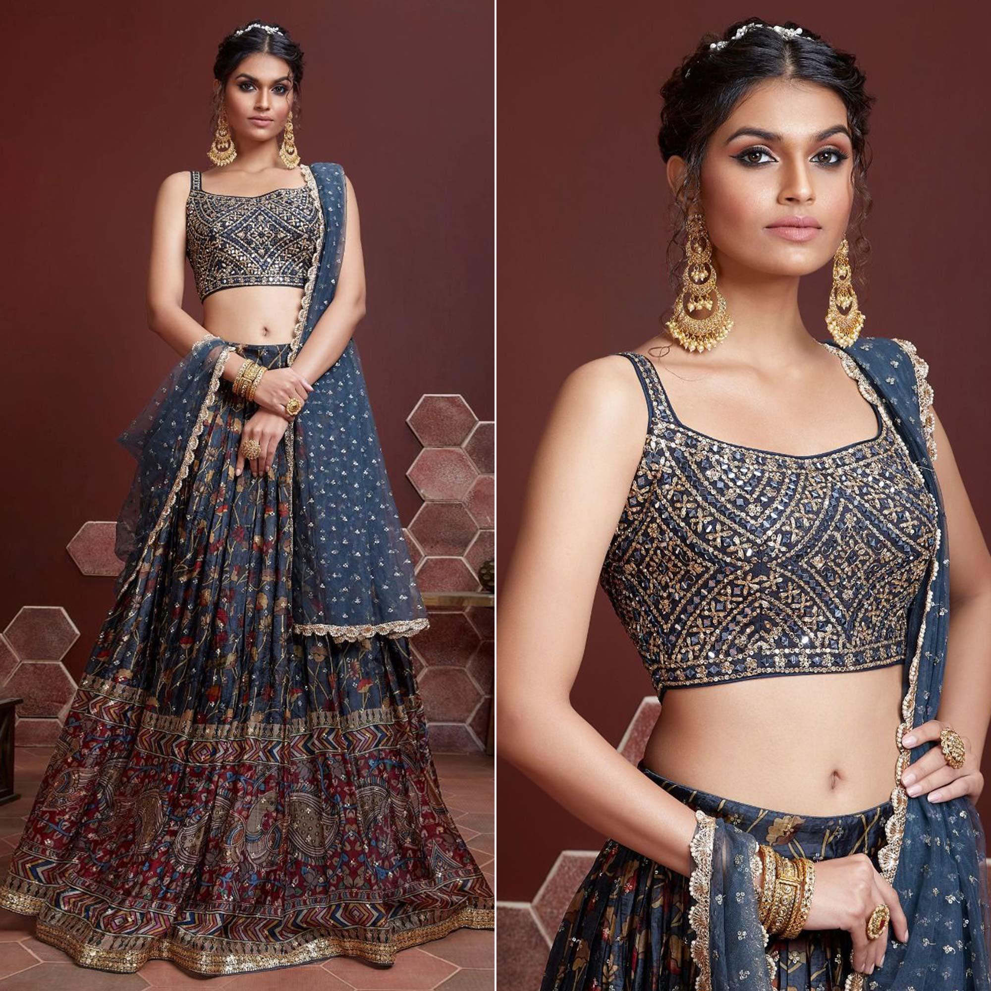 Navy Blue Party Wear Embroidered & embellished Banglori Silk Lehenga Choli - Peachmode