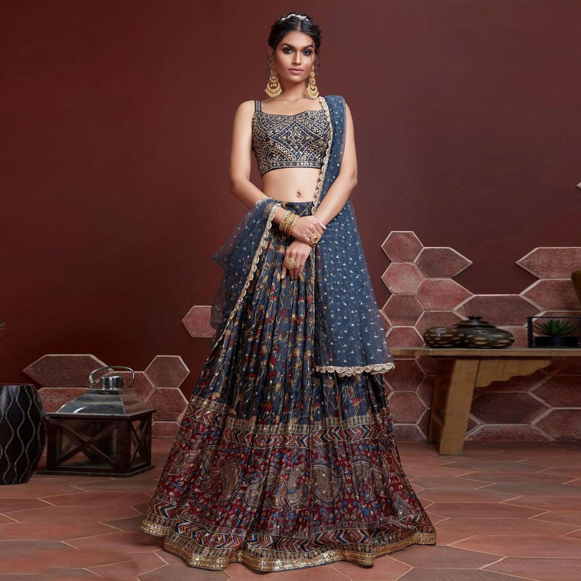 Navy Blue Party Wear Embroidered & embellished Banglori Silk Lehenga Choli - Peachmode