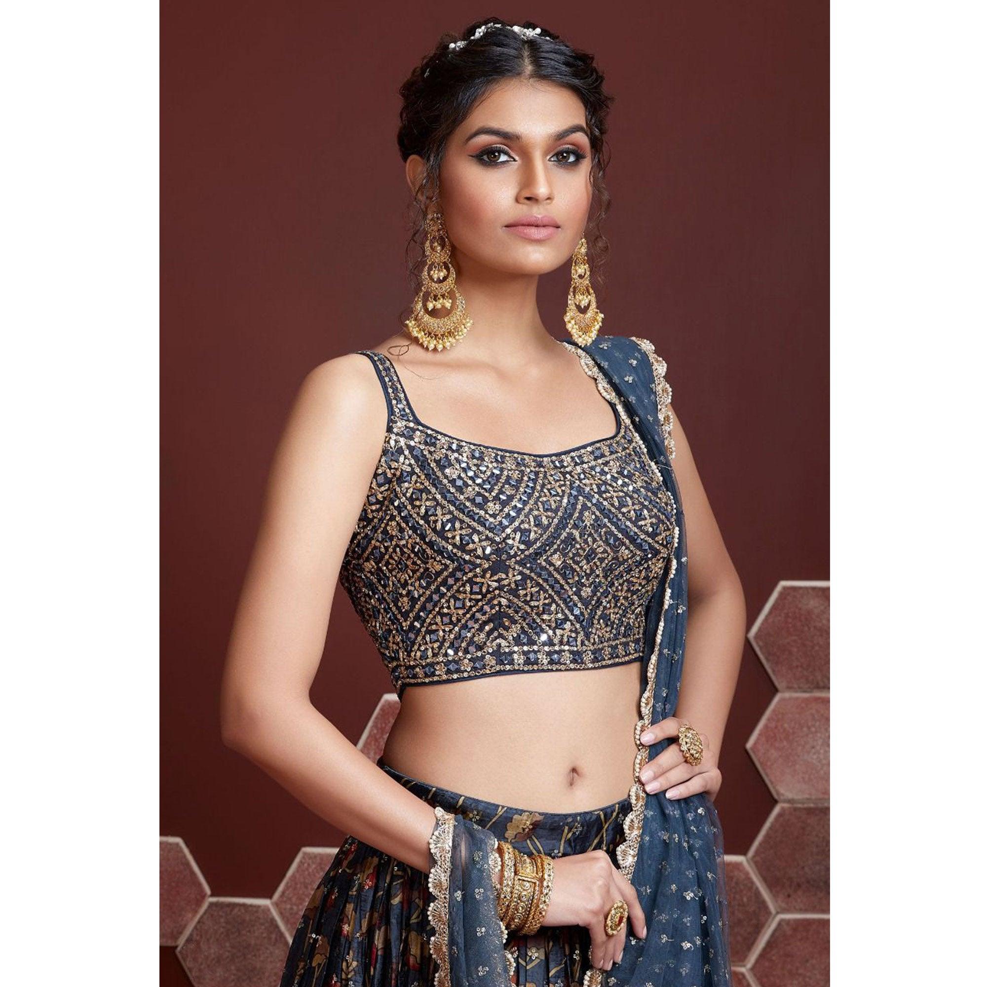 Navy Blue Party Wear Embroidered & embellished Banglori Silk Lehenga Choli - Peachmode