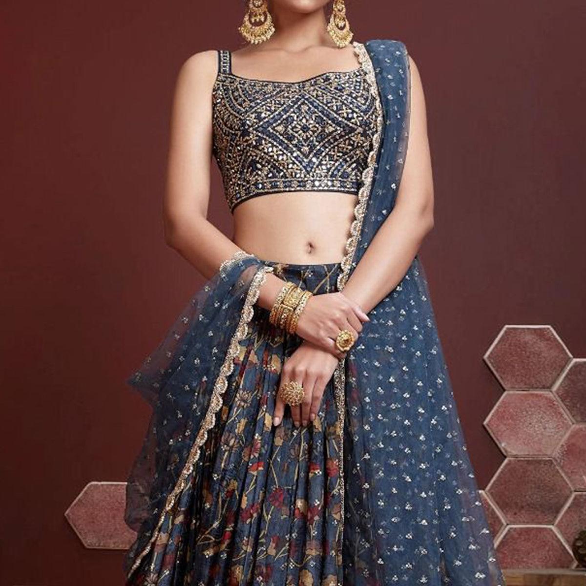 Navy Blue Party Wear Embroidered & embellished Banglori Silk Lehenga Choli - Peachmode