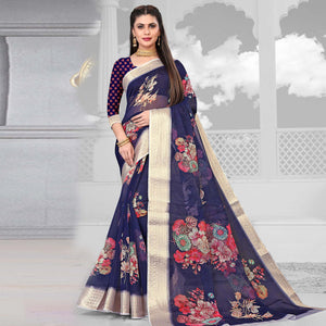 Navy Blue Party Wear Floral Digital Printed With Jacquard Border Soft Georgette Saree - Peachmode