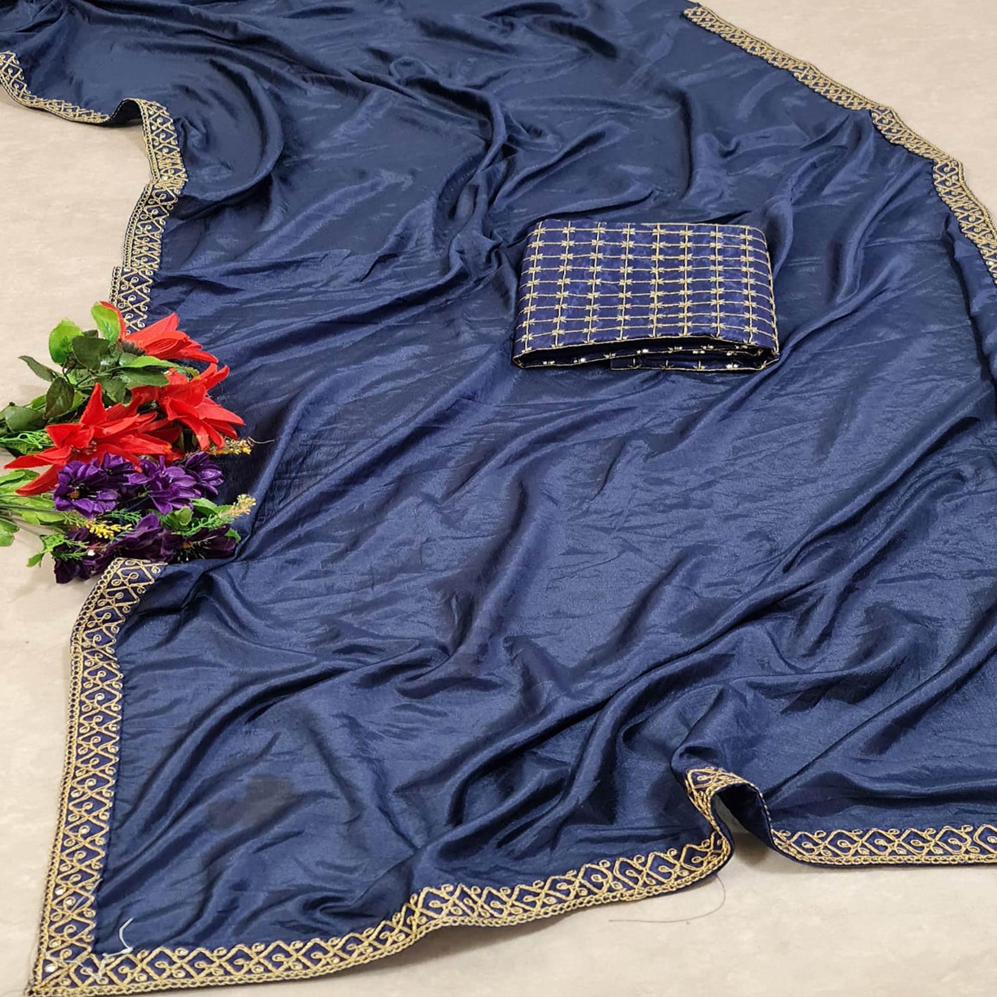 Navy Blue Partywear Coding Lace Border Dola Silk Saree - Peachmode