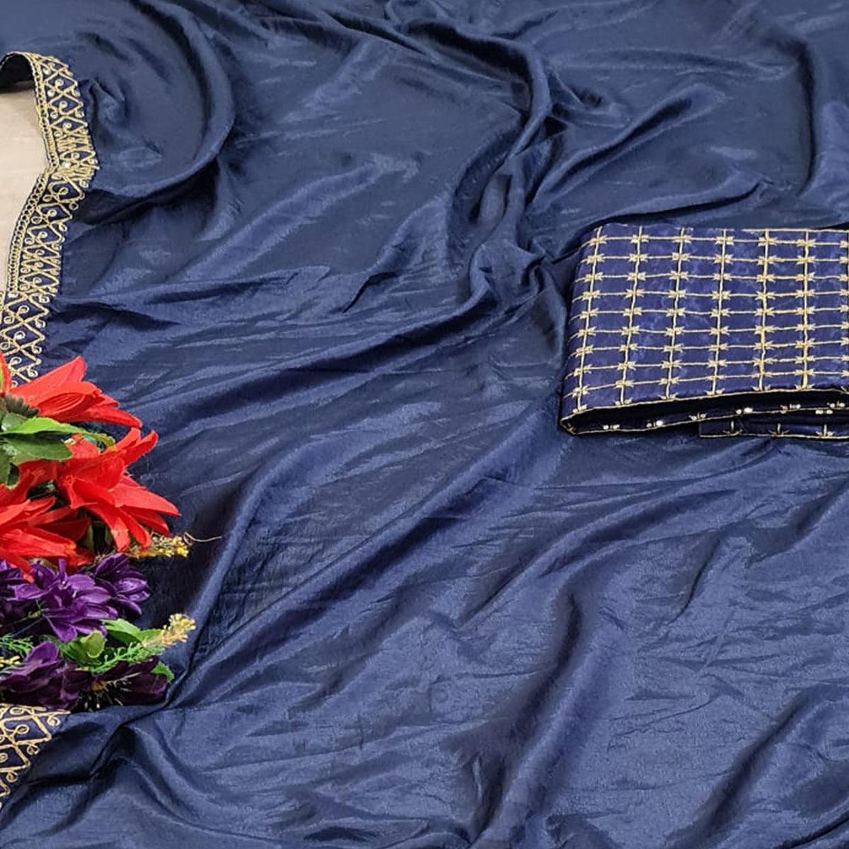 Navy Blue Partywear Coding Lace Border Dola Silk Saree - Peachmode