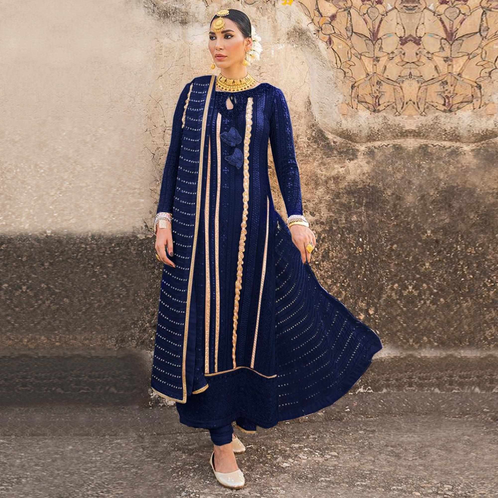 Navy Blue Partywear Embellished & Embroidered Georgette Anarkali Suit - Peachmode