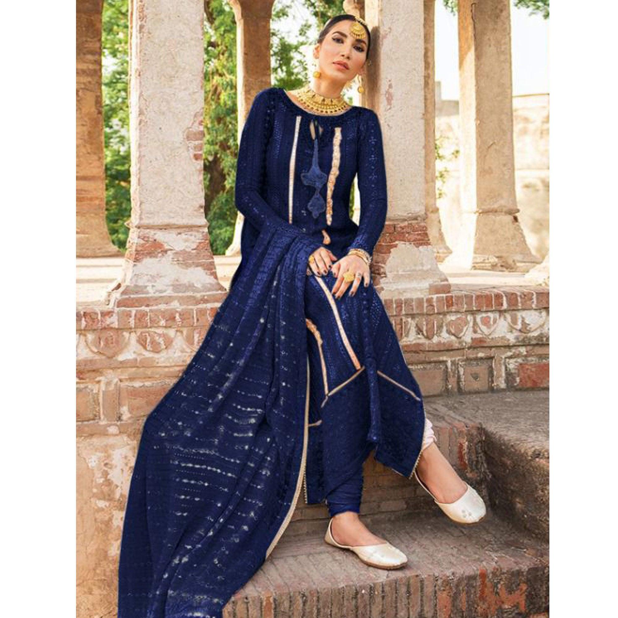 Navy Blue Partywear Embellished & Embroidered Georgette Anarkali Suit - Peachmode