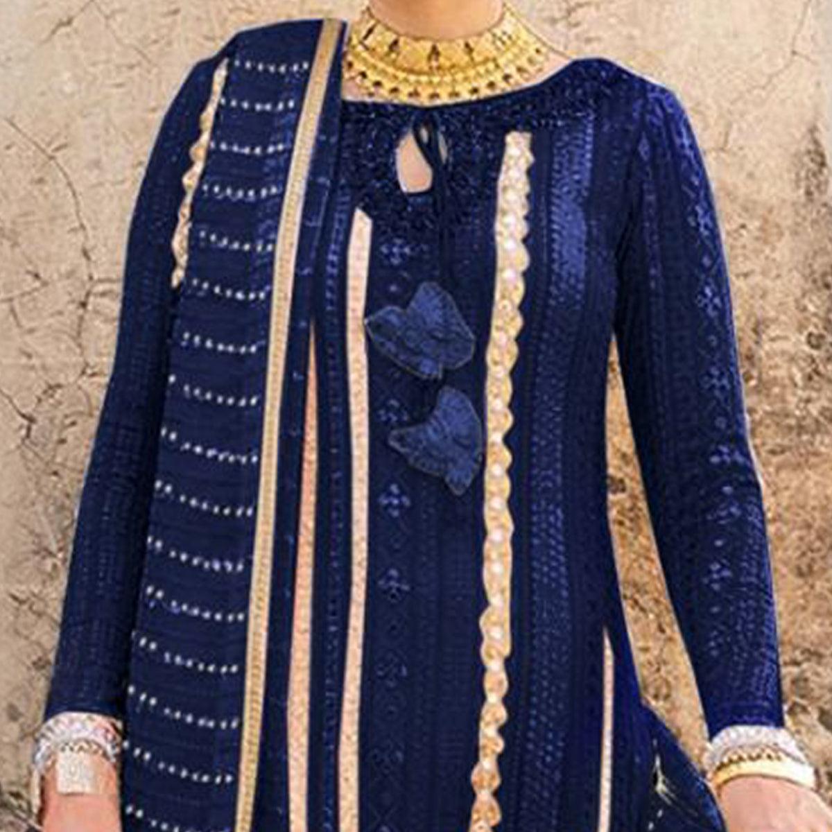 Navy Blue Partywear Embellished & Embroidered Georgette Anarkali Suit - Peachmode