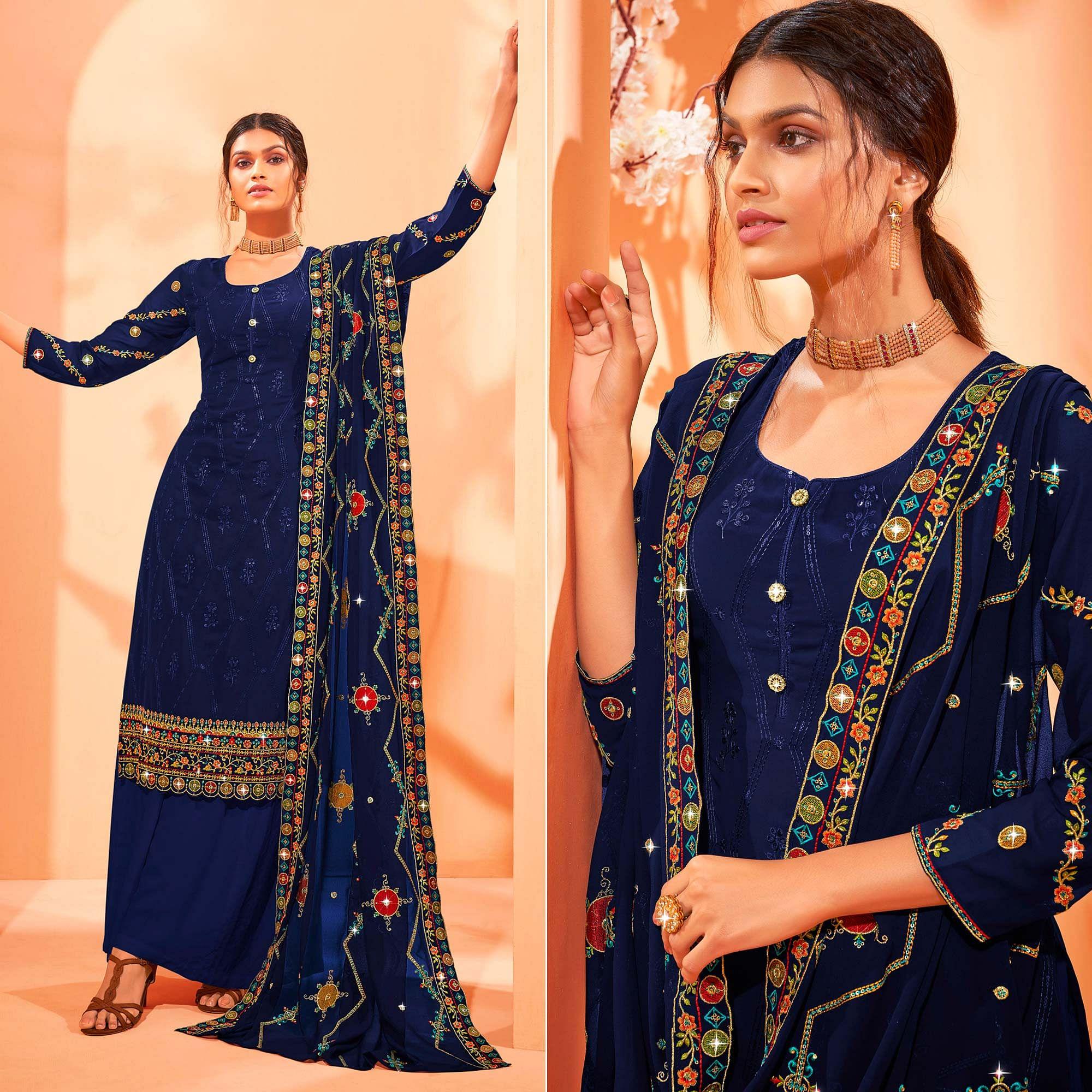 Navy Blue Partywear Embellished With Embroidered Georgette Palazzo Suit - Peachmode