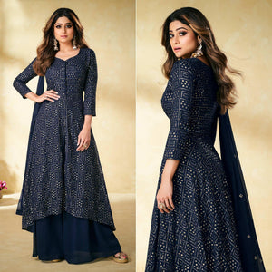 Navy Blue Partywear Embellished With Embroidered Georgette Palazzo Suit - Peachmode