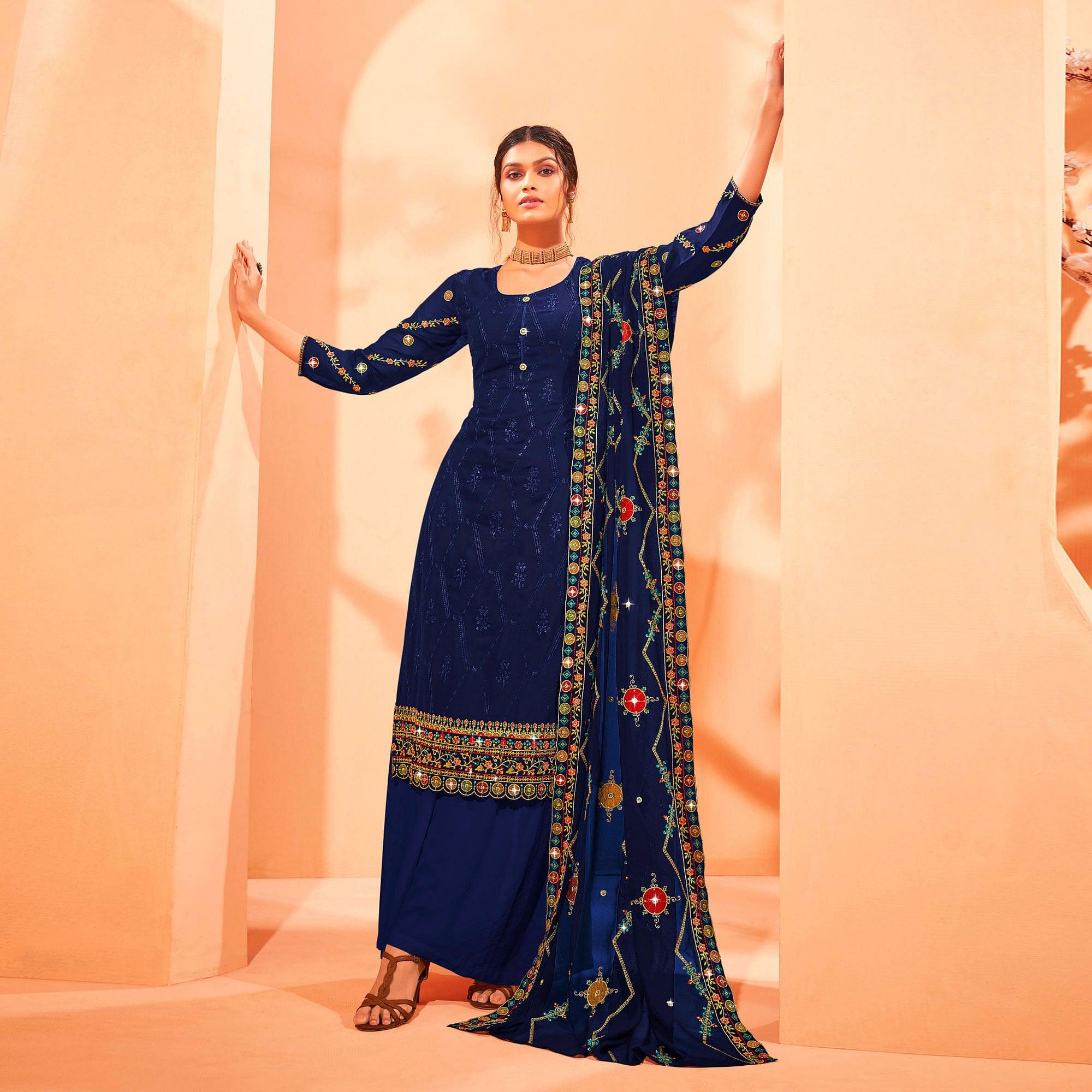 Navy Blue Partywear Embellished With Embroidered Georgette Palazzo Suit - Peachmode