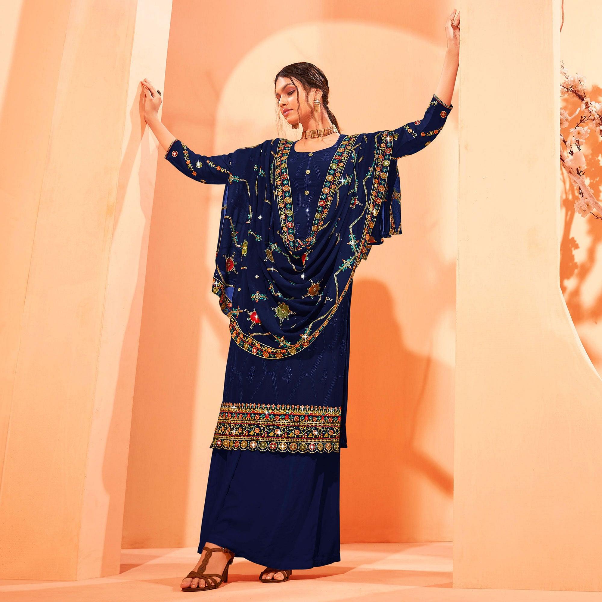 Navy Blue Partywear Embellished With Embroidered Georgette Palazzo Suit - Peachmode