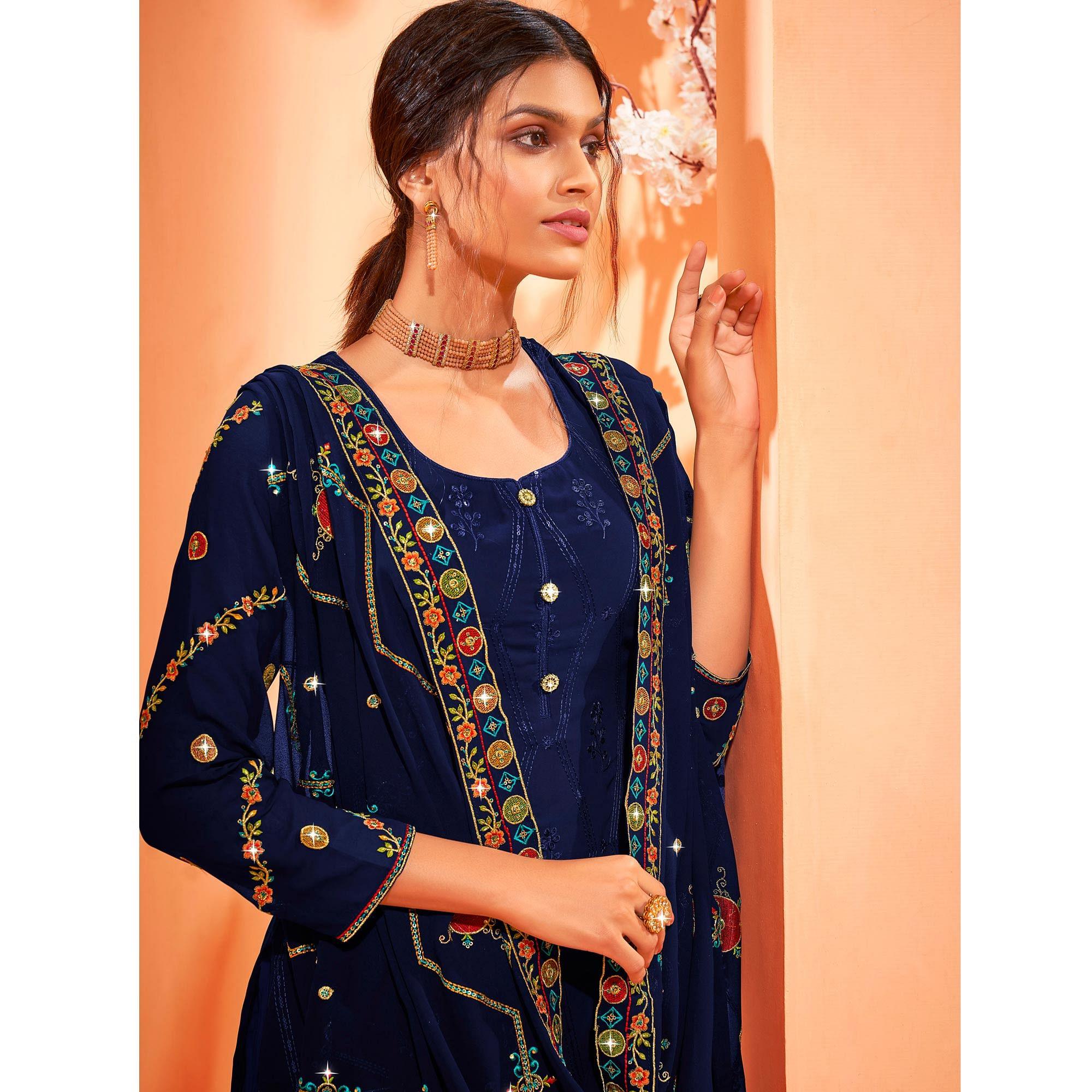 Navy Blue Partywear Embellished With Embroidered Georgette Palazzo Suit - Peachmode