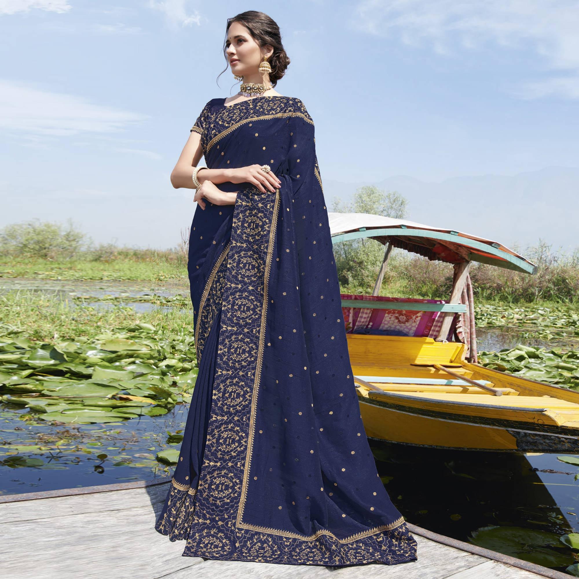 Navy Blue Partywear Embroidered Bluecherry Silk Saree - Peachmode