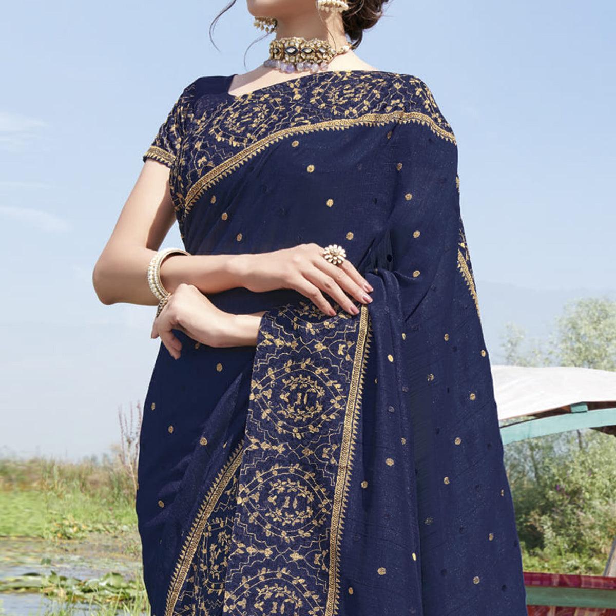 Navy Blue Partywear Embroidered Bluecherry Silk Saree - Peachmode