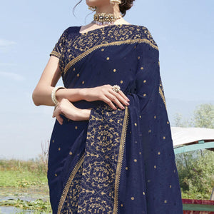 Navy Blue Partywear Embroidered Bluecherry Silk Saree - Peachmode