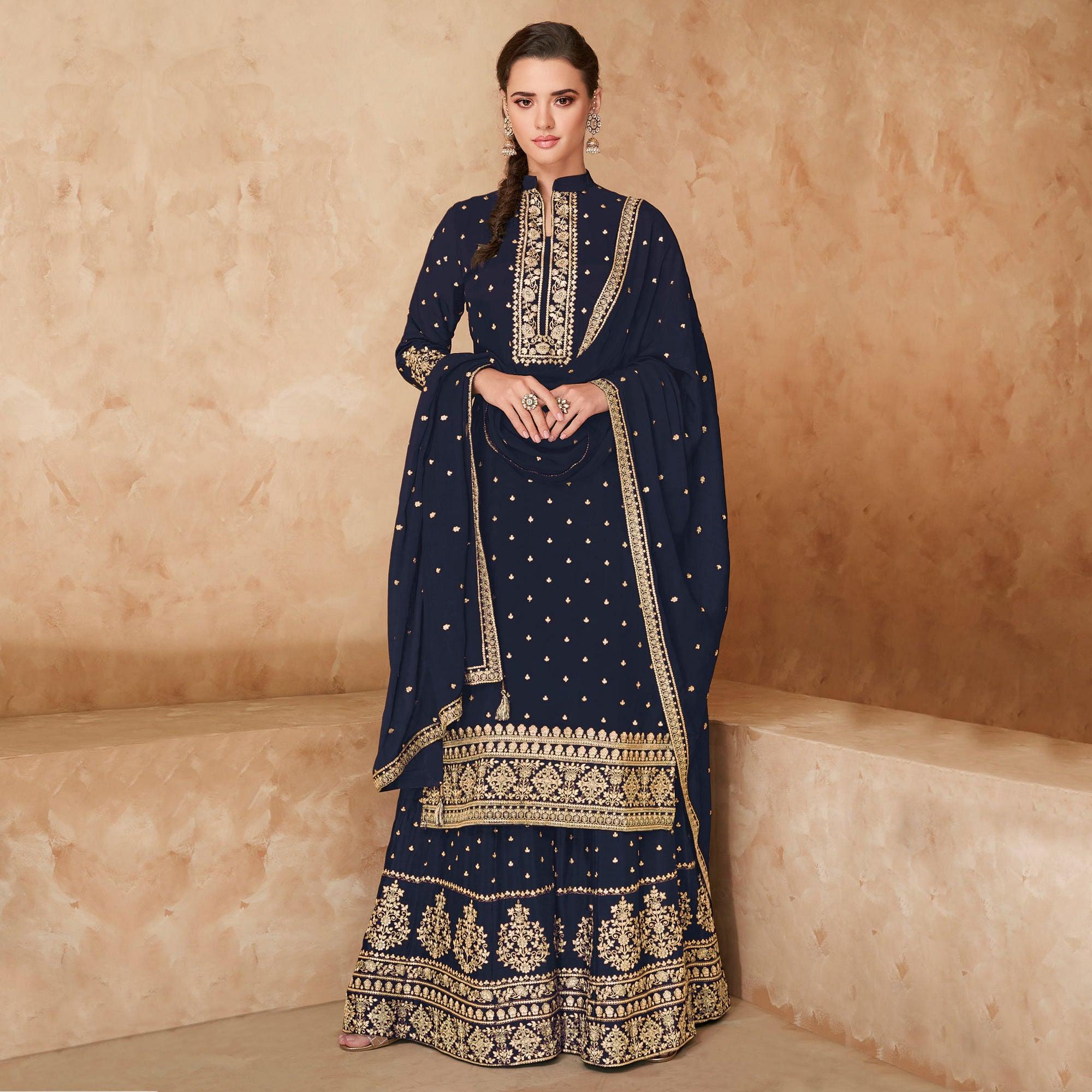 Navy Blue Partywear Embroidered Georgette Palazzo Suit - Peachmode