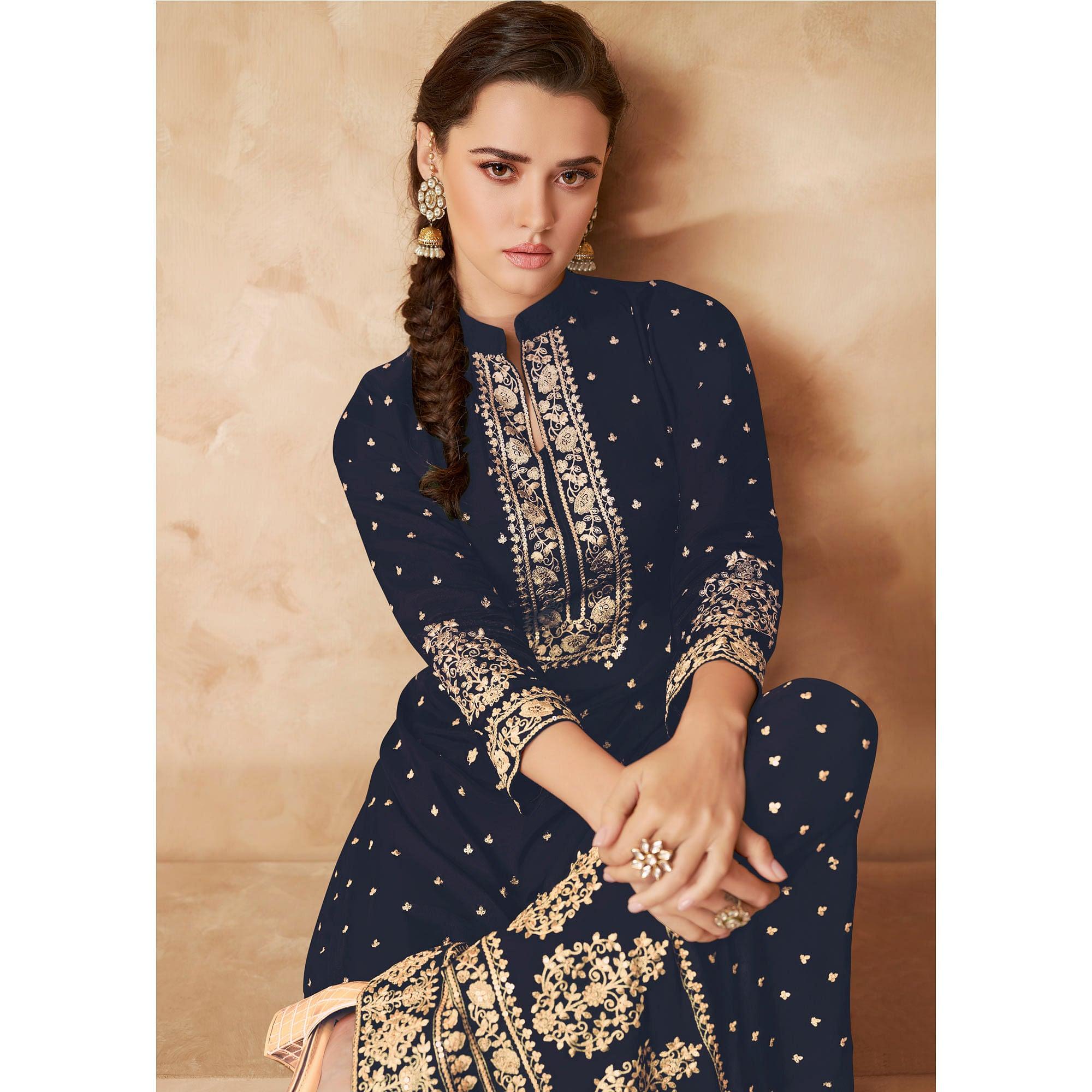 Navy Blue Partywear Embroidered Georgette Palazzo Suit - Peachmode