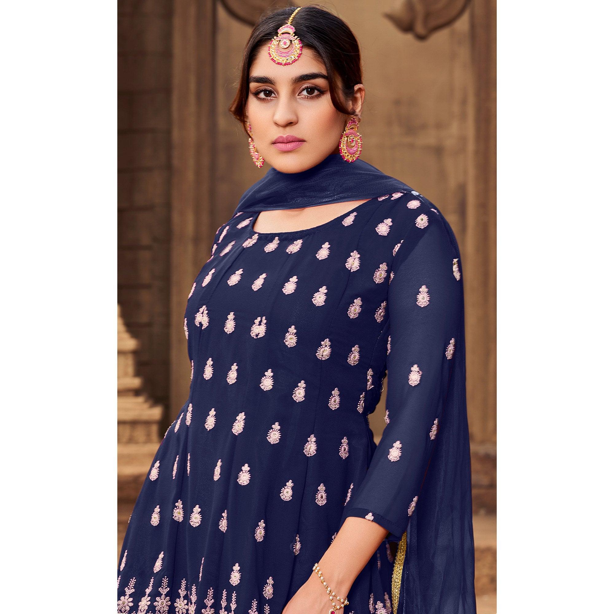 Navy Blue Partywear Embroidered Georgette Sharara Suit - Peachmode