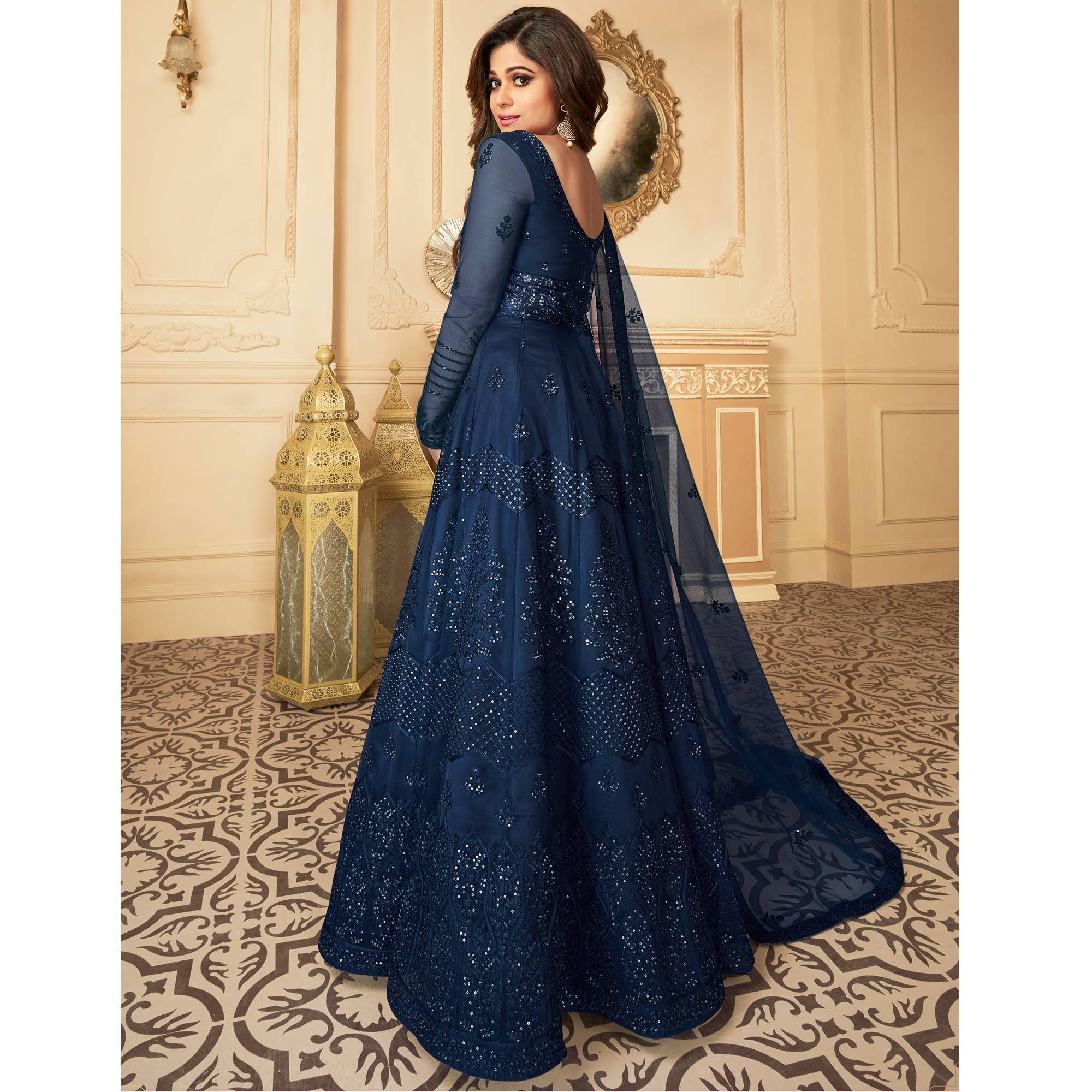 Navy Blue Partywear Embroidered Net Anarkali Suit - Peachmode