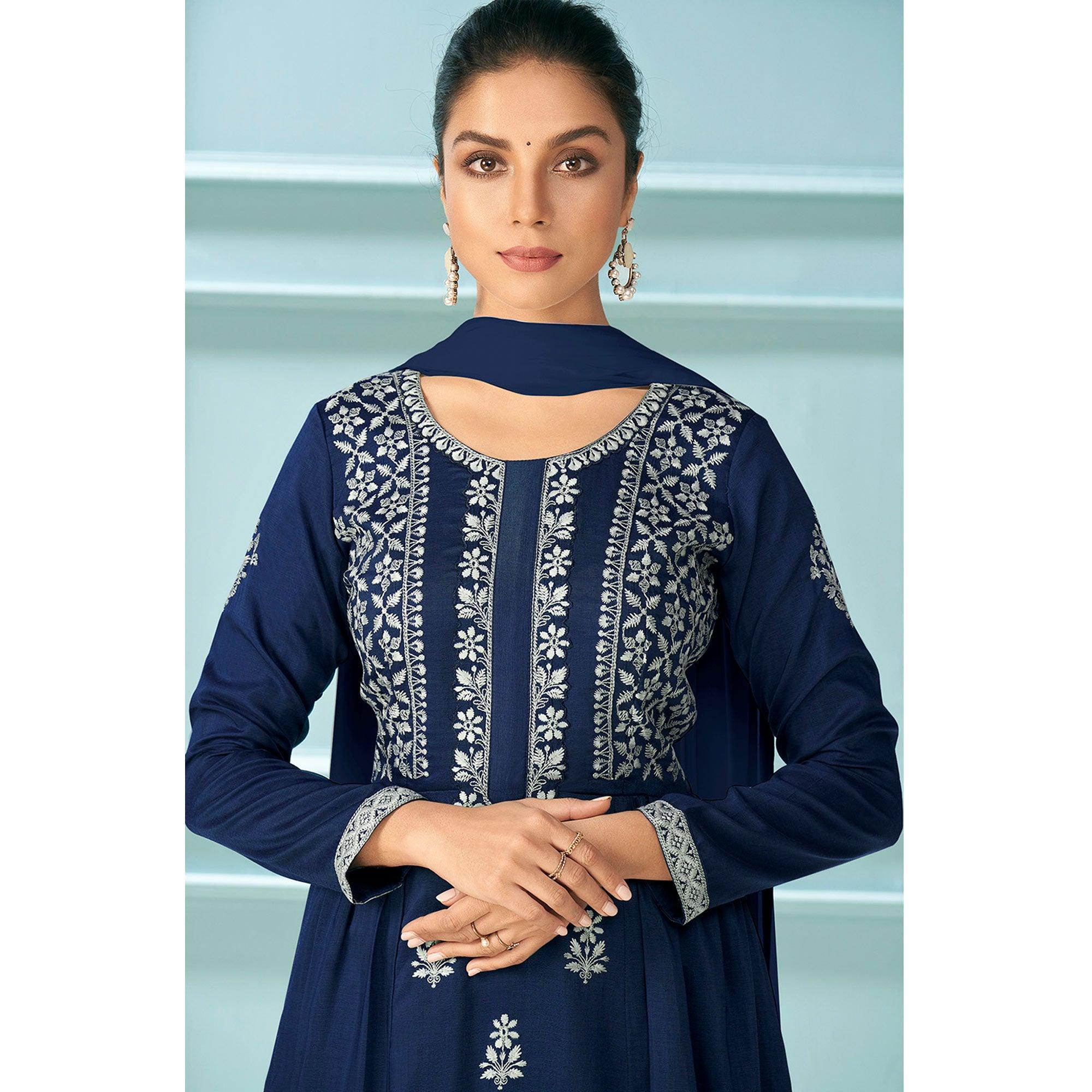 Navy Blue Partywear Embroidered Rayon Palazzo Suit - Peachmode