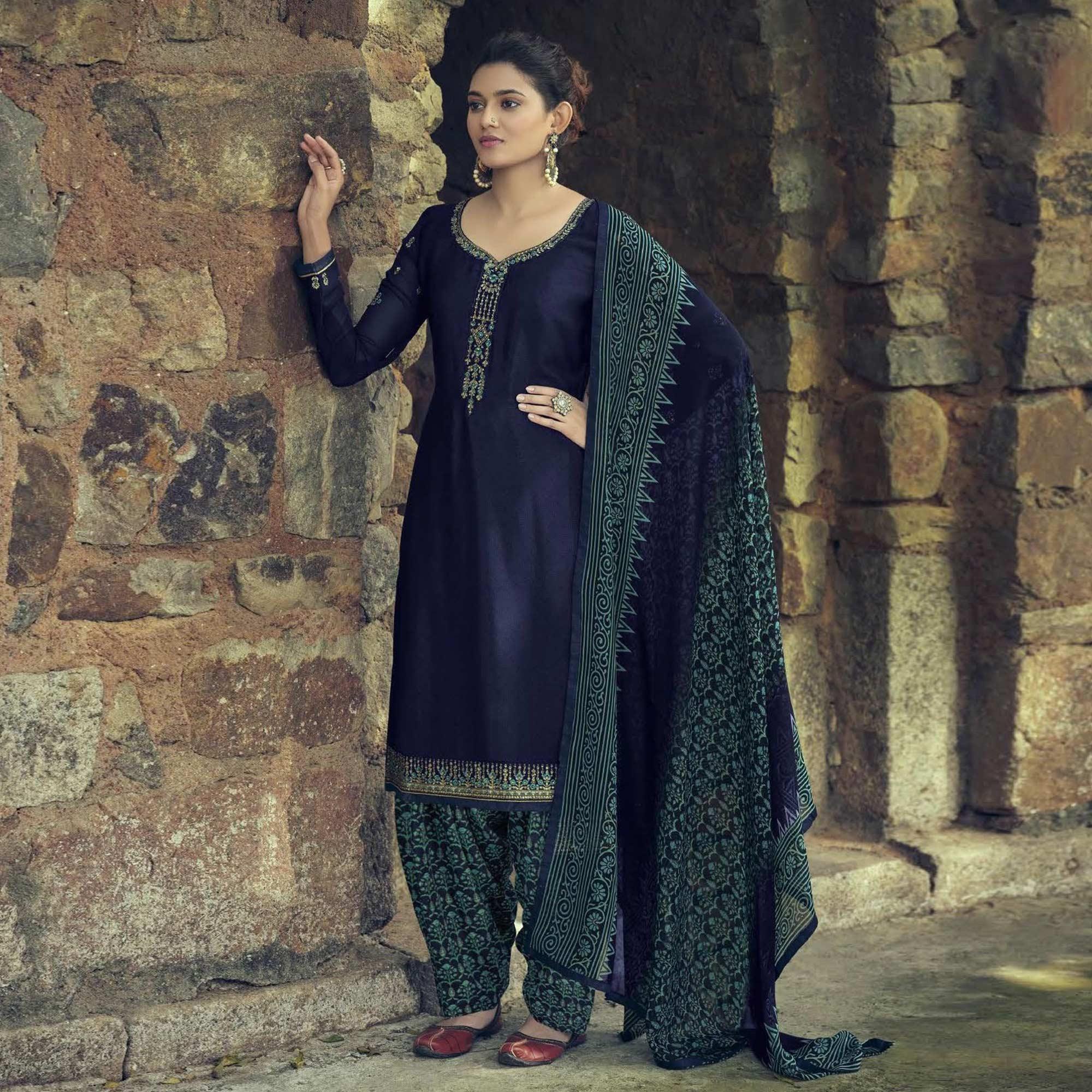 Navy Blue Partywear Embroidered Royal French Crepe Patiala Suit - Peachmode