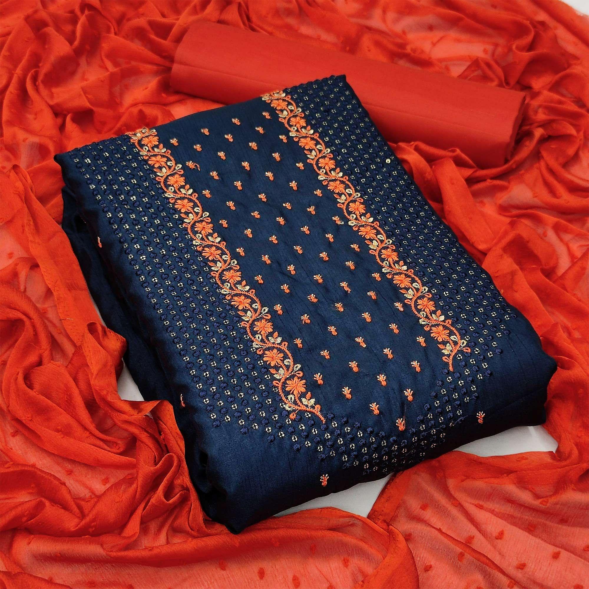 Navy Blue Partywear Embroidered Silk Dress Material - Peachmode