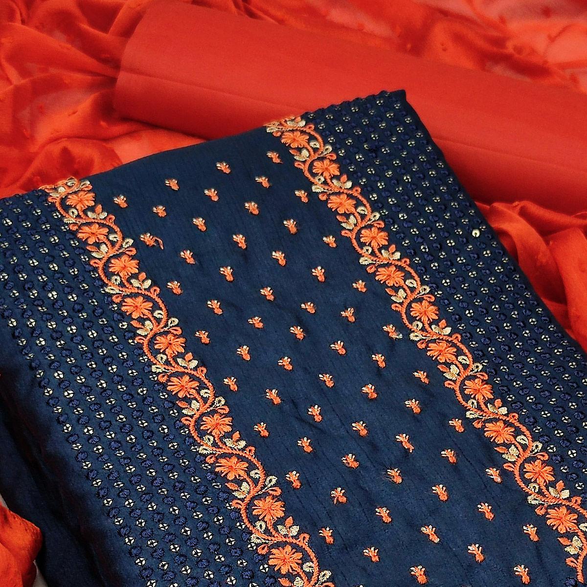 Navy Blue Partywear Embroidered Silk Dress Material - Peachmode