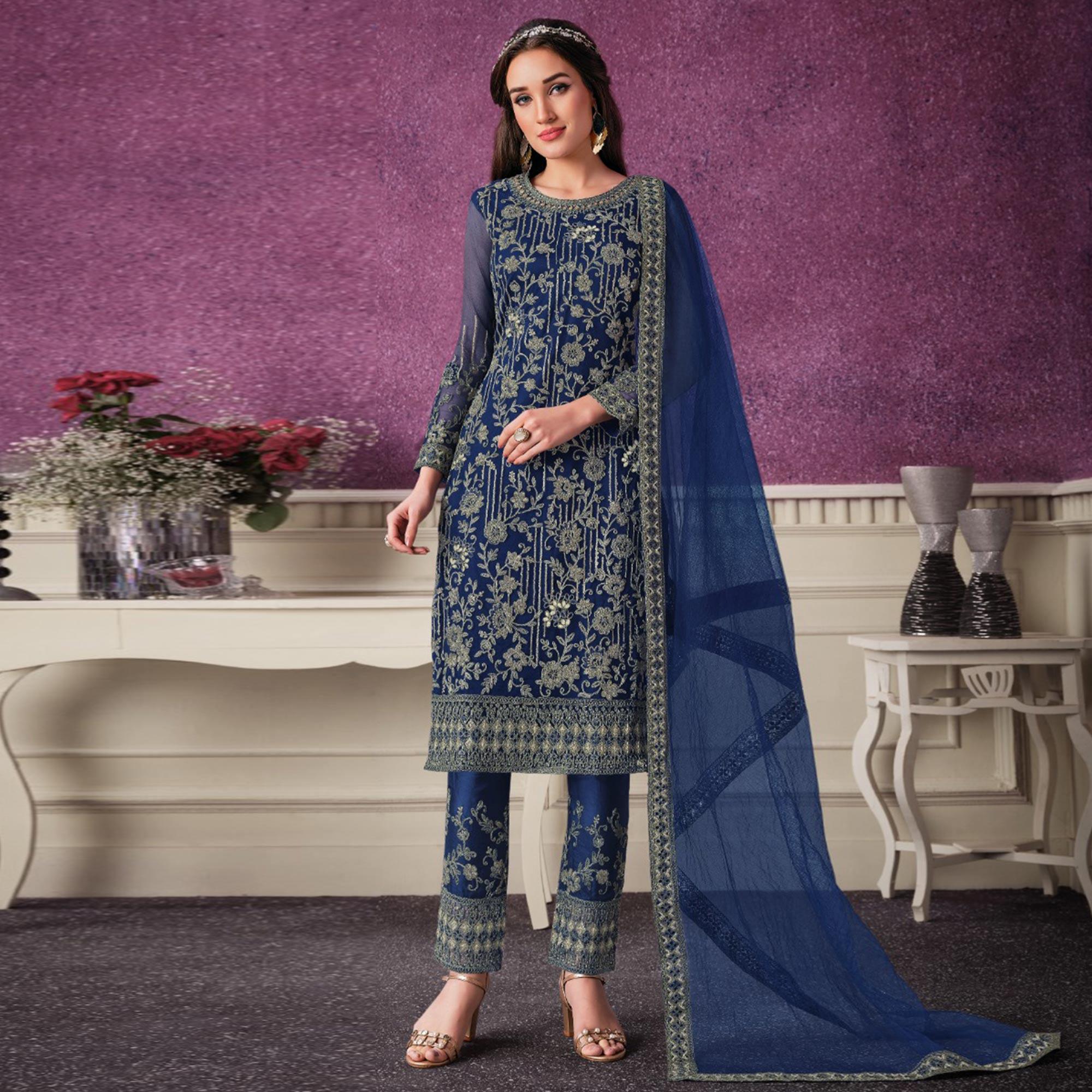 Navy Blue Partywear Embroidered Soft Net Suit - Peachmode