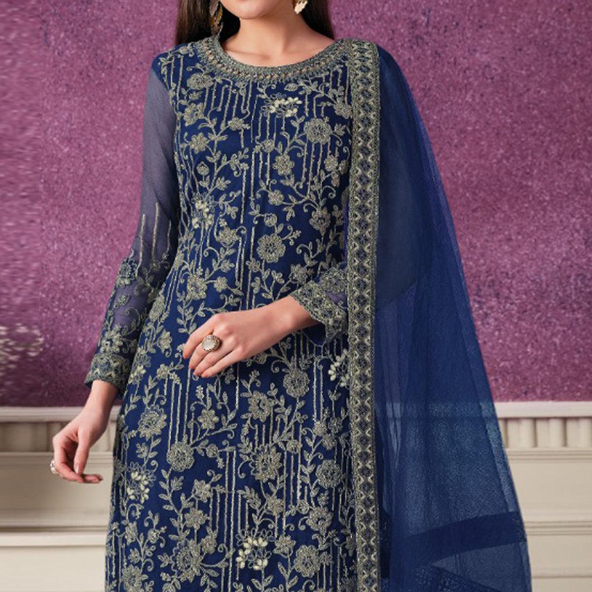 Navy Blue Partywear Embroidered Soft Net Suit - Peachmode