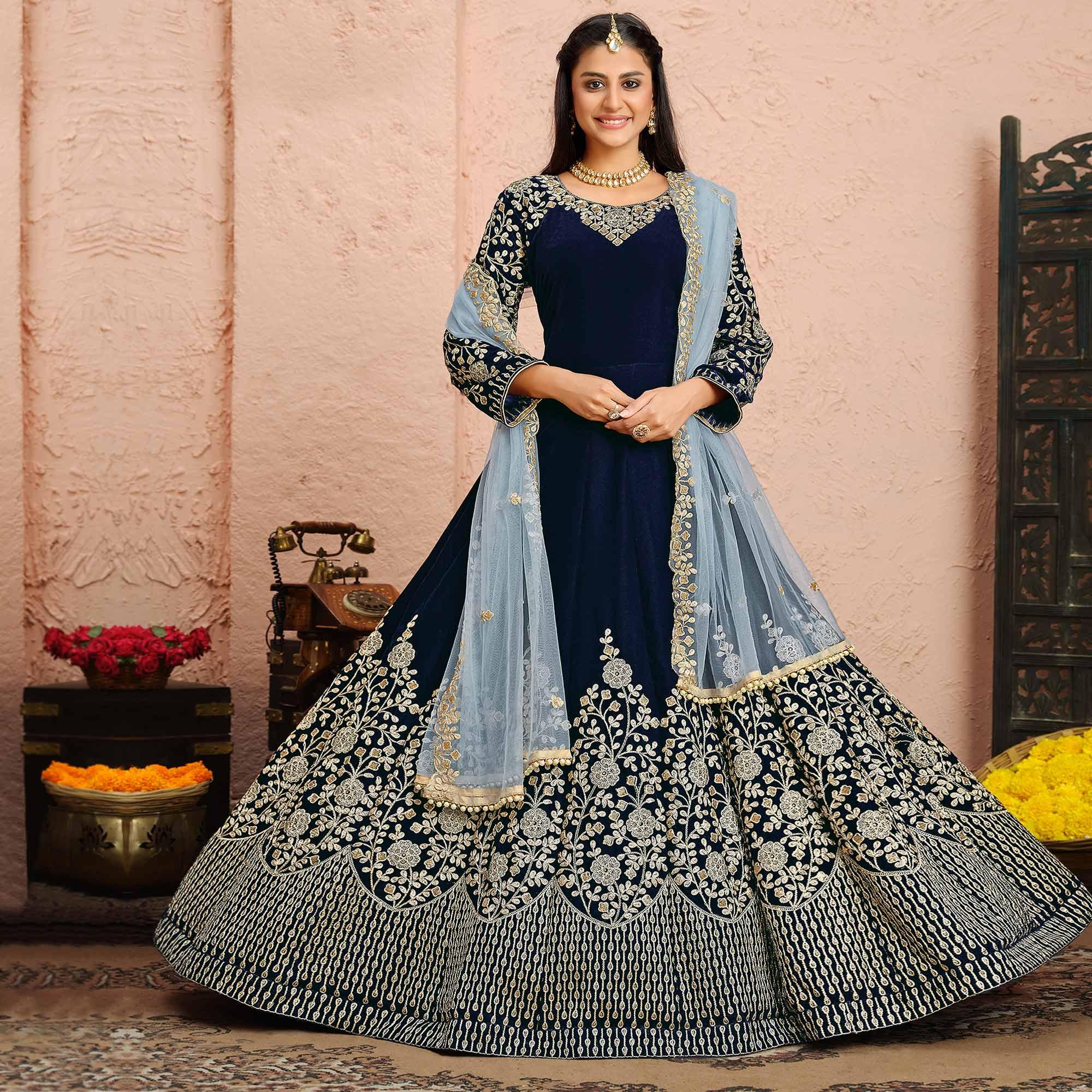 Navy Blue Partywear Embroidered Velvet Anarkali Suit - Peachmode
