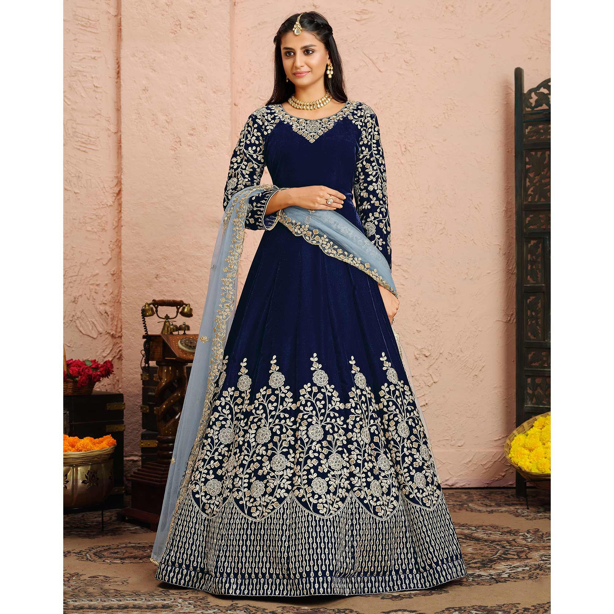 Navy Blue Partywear Embroidered Velvet Anarkali Suit - Peachmode