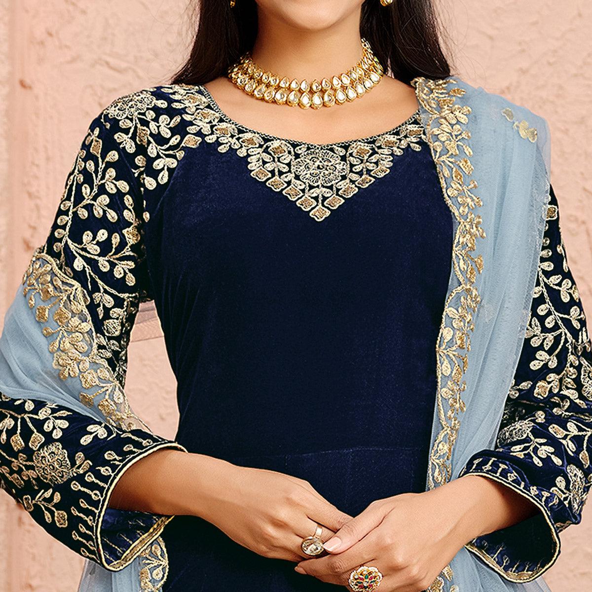 Navy Blue Partywear Embroidered Velvet Anarkali Suit - Peachmode