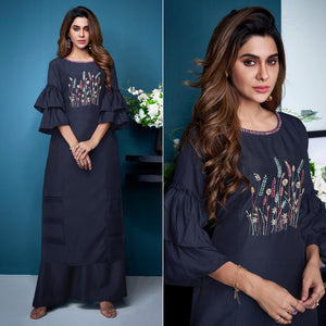 Navy Blue Partywear Floral Embroidered Handwork Silk Kurti Palazzo Set - Peachmode