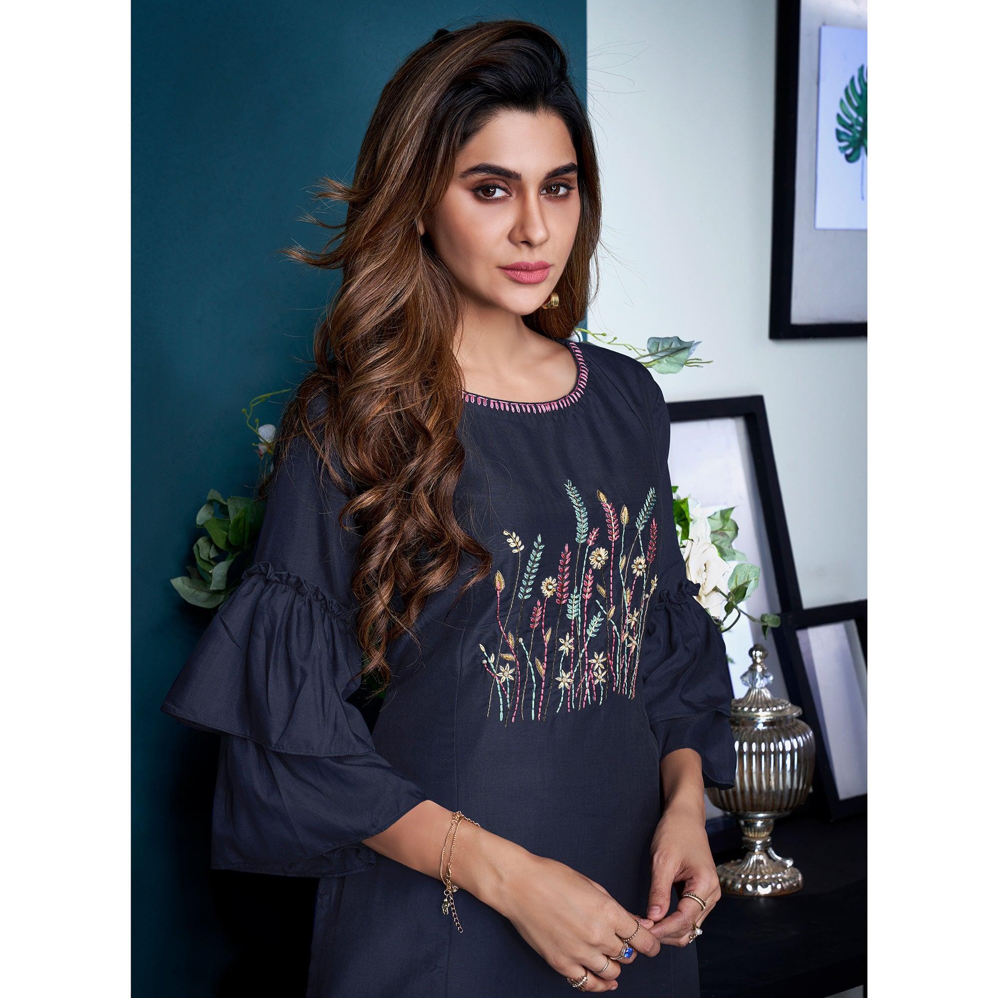 Navy Blue Partywear Floral Embroidered Handwork Silk Kurti Palazzo Set - Peachmode