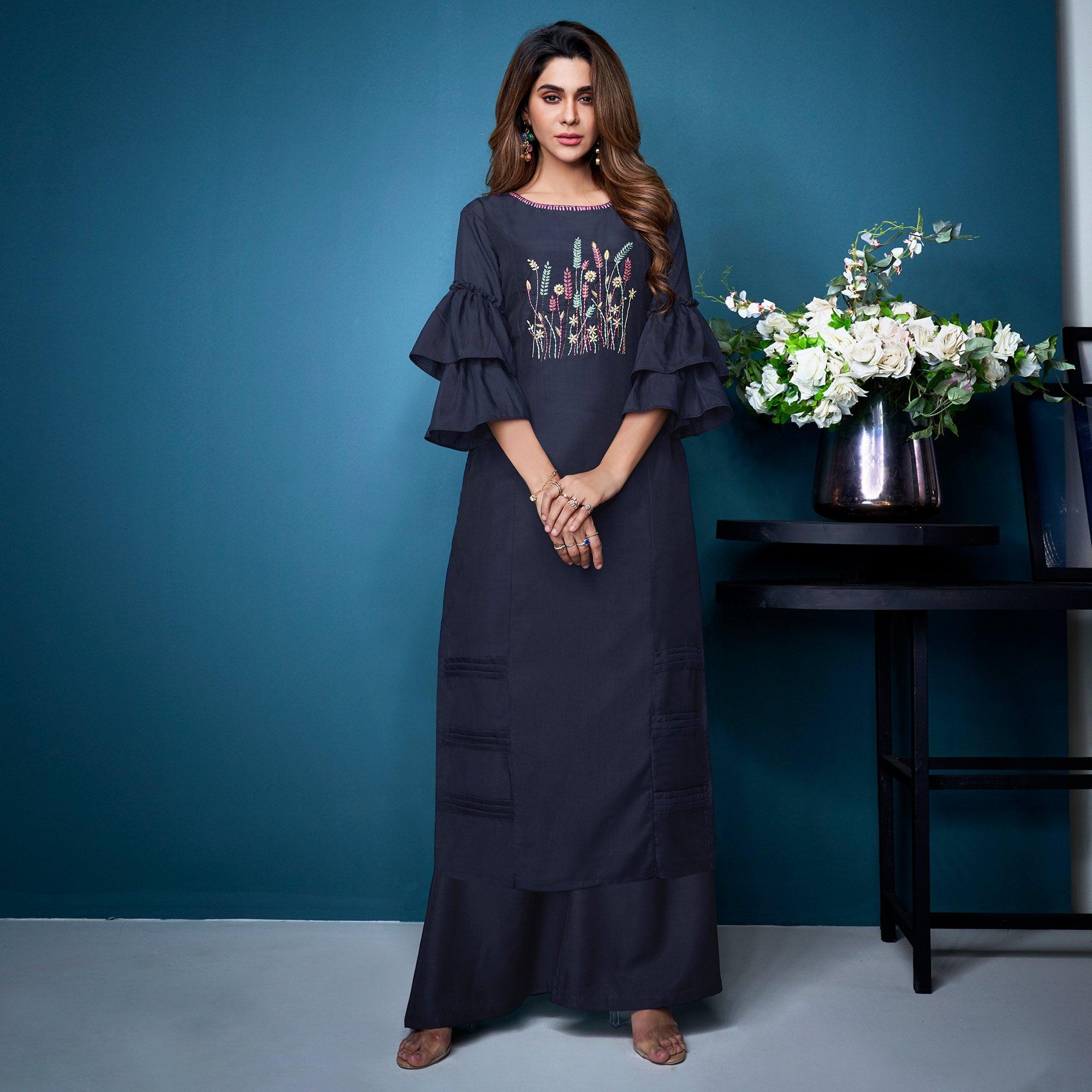 Navy Blue Partywear Floral Embroidered Handwork Silk Kurti Palazzo Set - Peachmode