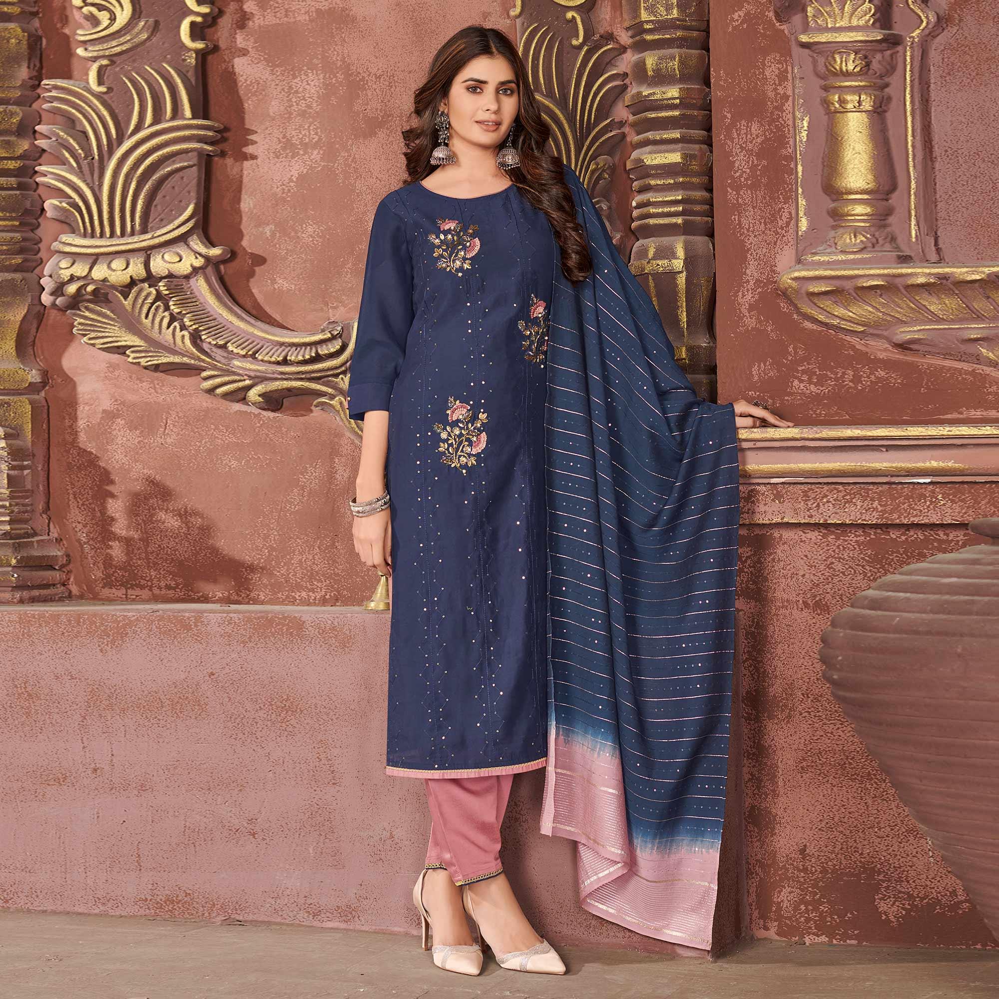 Navy Blue Partywear Floral Sequence Embroidered Chanderi Kurti Pant Set With Dupatta - Peachmode
