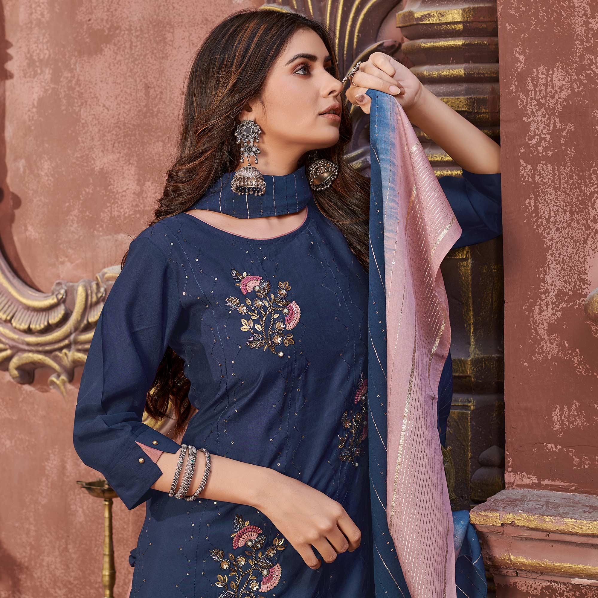 Navy Blue Partywear Floral Sequence Embroidered Chanderi Kurti Pant Set With Dupatta - Peachmode