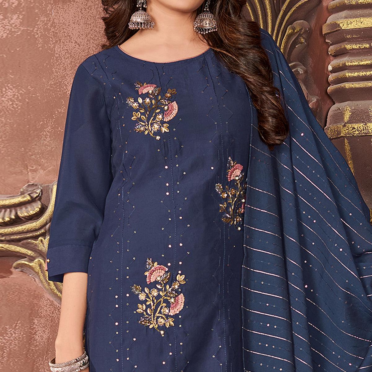 Navy Blue Partywear Floral Sequence Embroidered Chanderi Kurti Pant Set With Dupatta - Peachmode